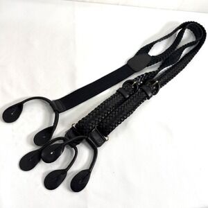 Black Braided Leather Y-Back Suspender Button End Adjustable Buckle